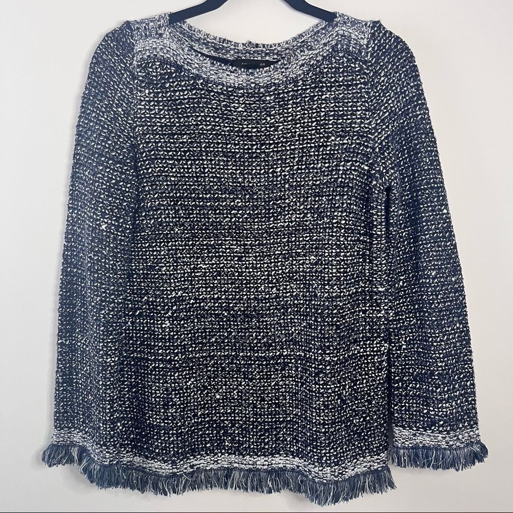 Ann Taylor Blue Sequin Glitter Sweater with Fringe Sleeves & Hem